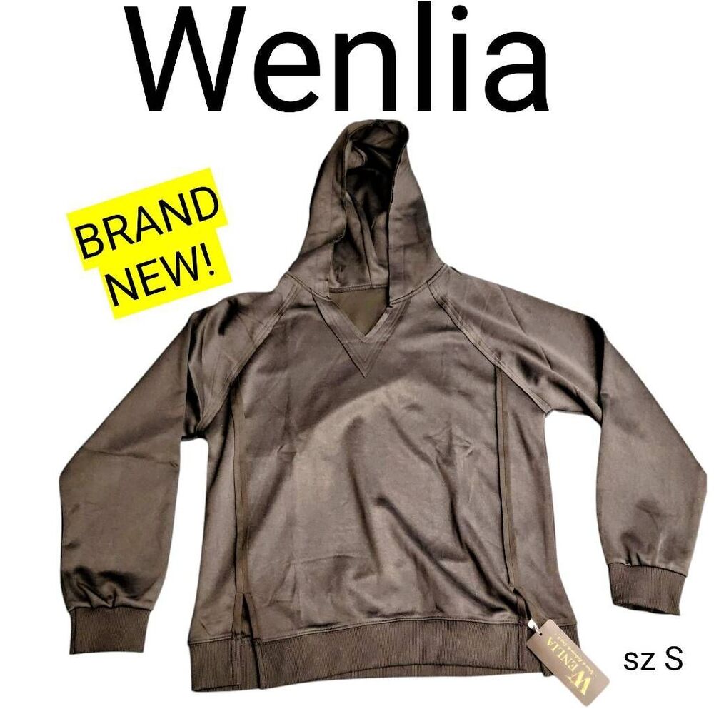 Wenlia Black Hoodie V Neck Side Slit Casual Sweatshirt Long Sleeve Pullover